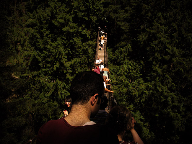 Busy suspension bridge at Lynn Canyon on Vancouver's North Shore