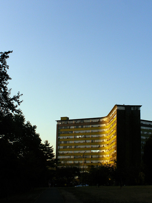 Eastern-European style apartment building at sunset