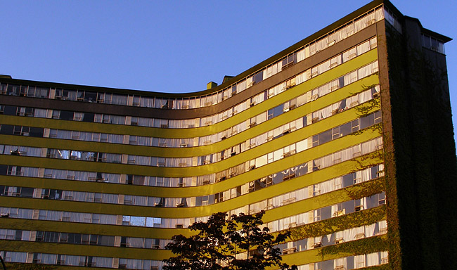 Eastern-European style apartment building at sunset