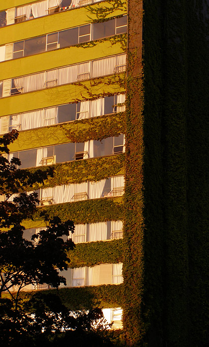 Eastern-European style apartment building at sunset