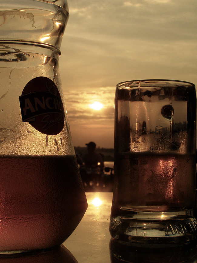 Jug of Anchor beer against the sunset