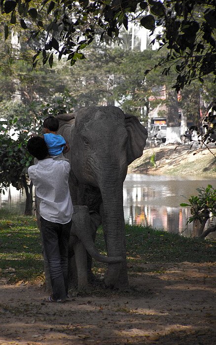 Cambodian man with child and elephant sculpture in Siem Reap